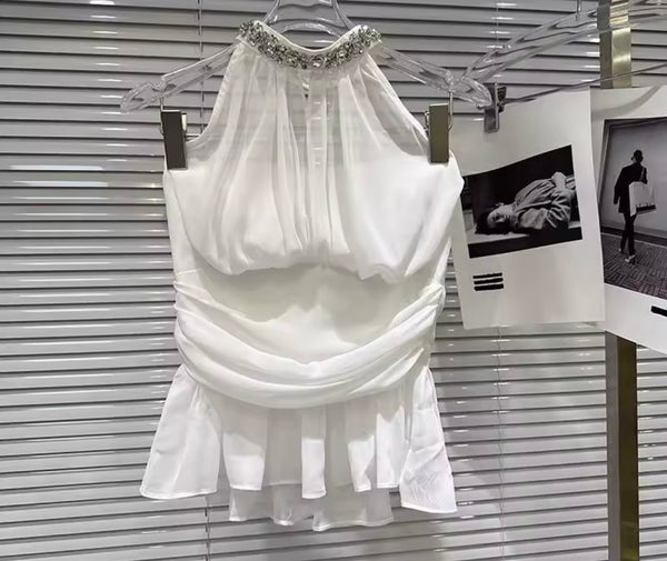 Women Rhinestone Sleeveless White Sexy Two Piece Skirt Set