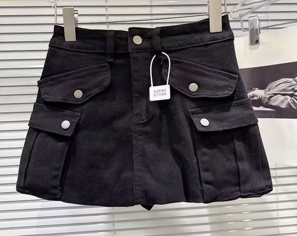 Women Color Fashion Pocket Cargo Skirt