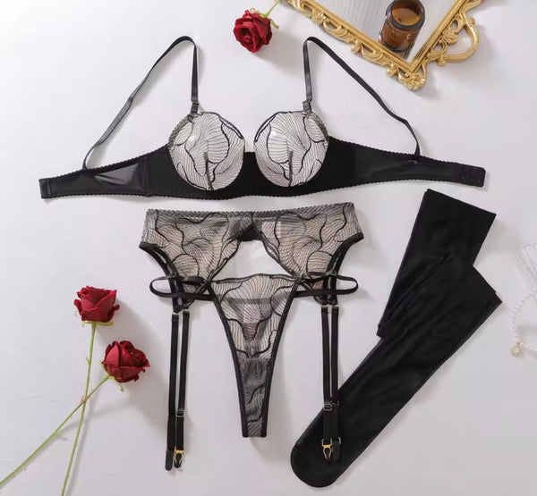 Women Sexy Black Printed Mesh Lingerie Set