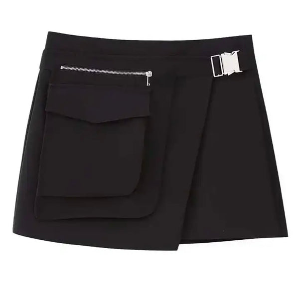 Women Black Asymmetrical Buckled Zipper Skirt