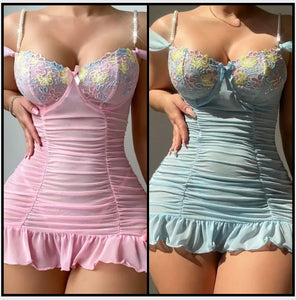 Women Sexy Sleeveless Ruffled Mesh Nightgown Lingerie