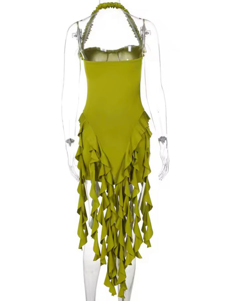 Women Color Halter Sleeveless Tassel Sexy Dress