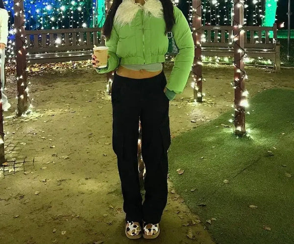 Women Fashion Green Furry Collar Puff Crop Jacket