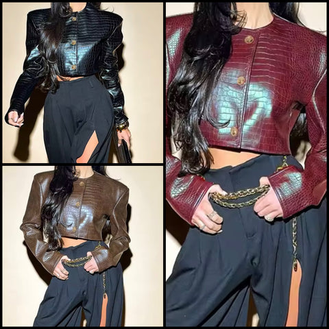 Women Fashion Gold Button Faux Leather Crop Jacket