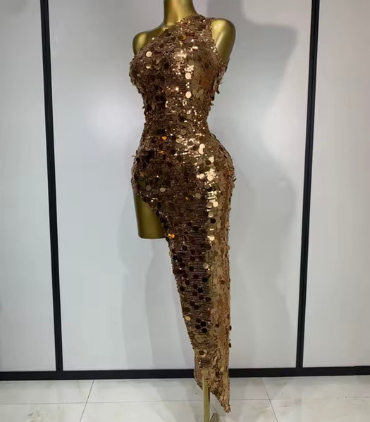 Women Sexy One Shoulder Gold Sequins Asymmetrical Dress