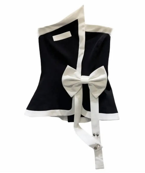 Women Sexy Strapless B&W Bow Crop Top