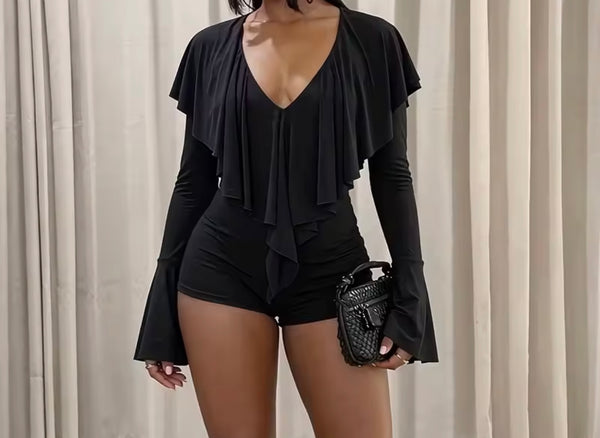 Women Black Sexy Fashion Ruffled Full Sleeve Romper
