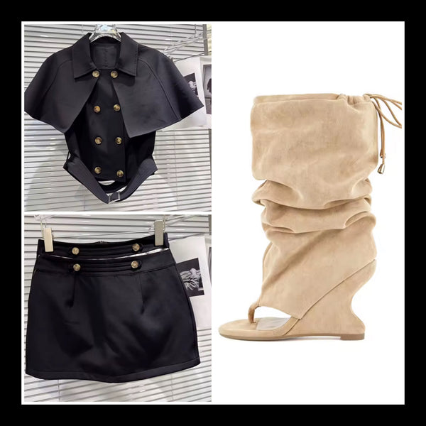 Women Fashion Button Double Breasted Cape Two Piece Skirt Set