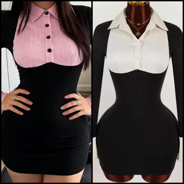 Women Sexy Color Patchwork Button Up Collar Full Sleeve Dress