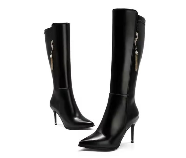 Women Pointed Toe Chain Tassel Knee High Fashion Boots
