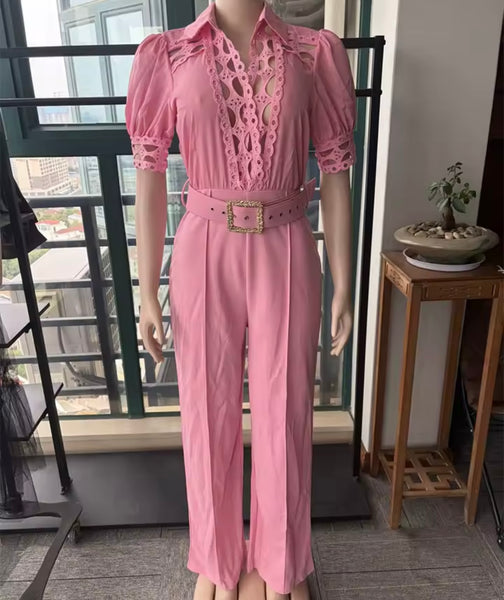 Women Collar Short Sleeve Belted Fashion Jumpsuit
