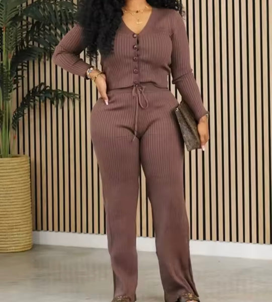 Women Fashion Ribbed Button Up Full Sleeve Two Piece Pant Set