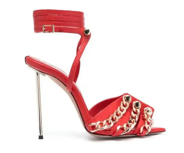 Women Color Chain Pointed Toe High Heel Ankle Strap Sandals
