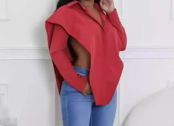 Women Red Button Up Full Sleeve Top