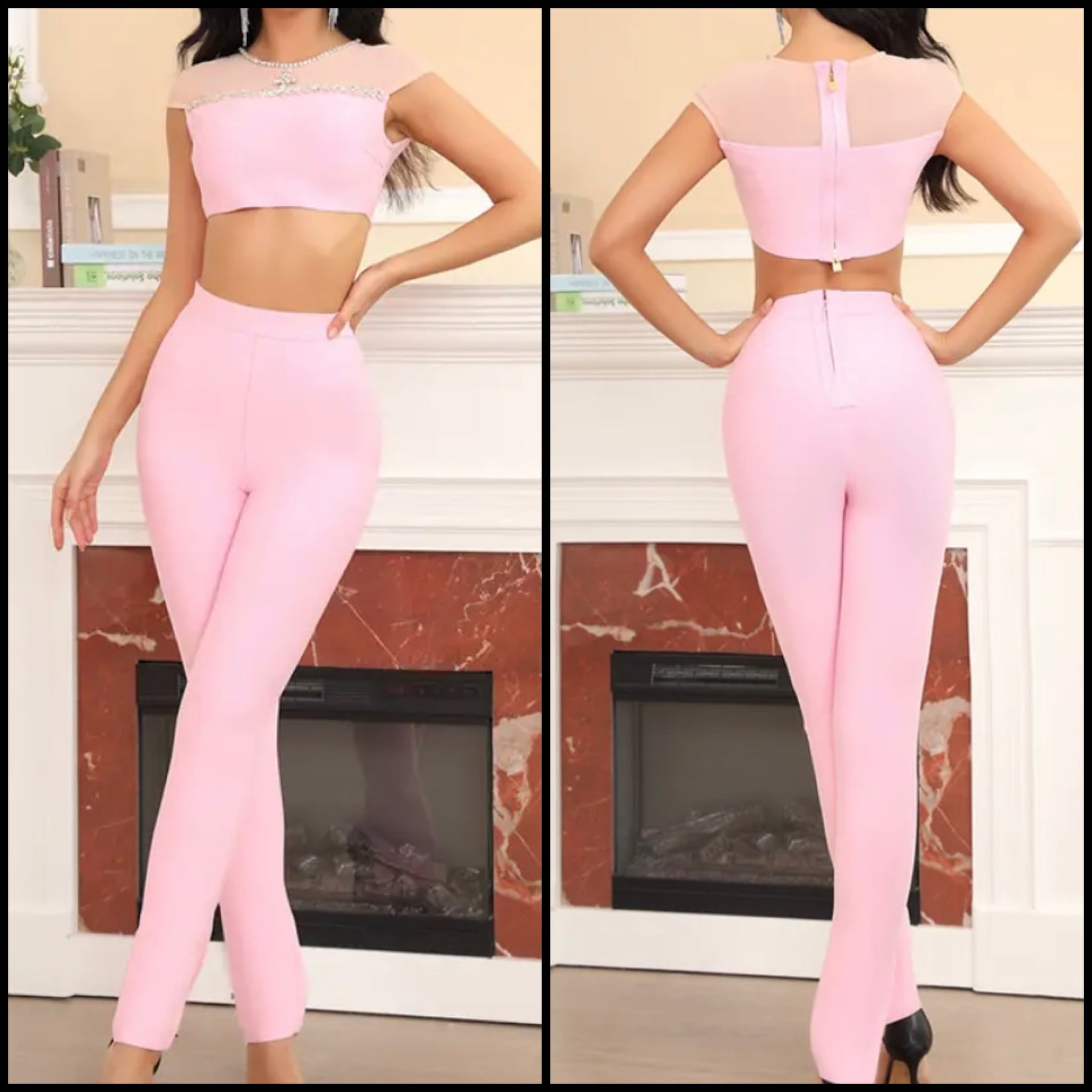 Women Sexy Pink Bling Mesh Patchwork Two Piece Pant Set