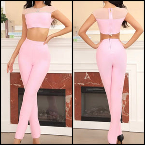 Women Sexy Pink Bling Mesh Patchwork Two Piece Pant Set