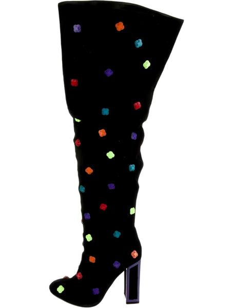 Women Fashion Black Colorful Print Suede Knee High Boots