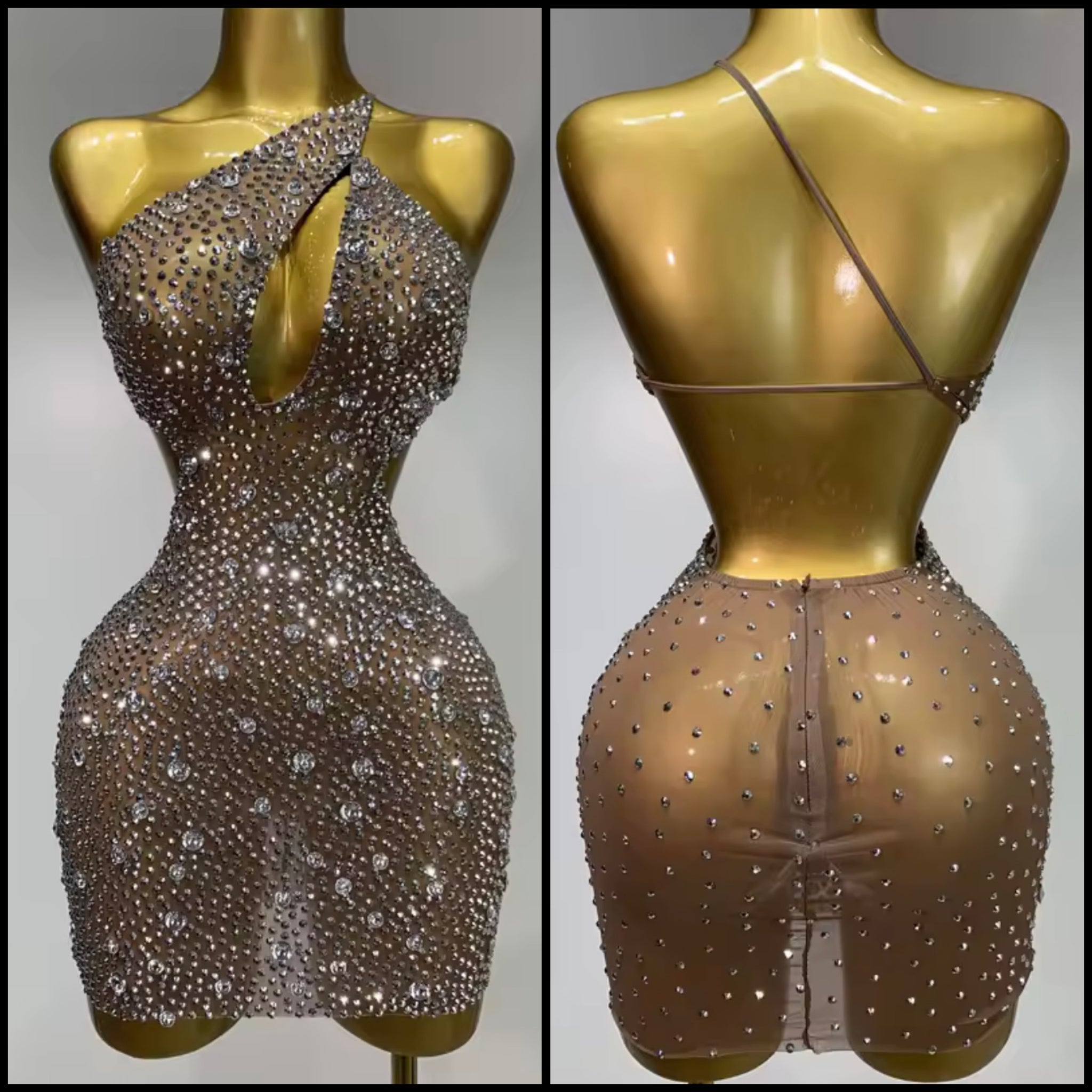 Women Sexy Mesh One Shoulder Sleeveless Rhinestone Dress