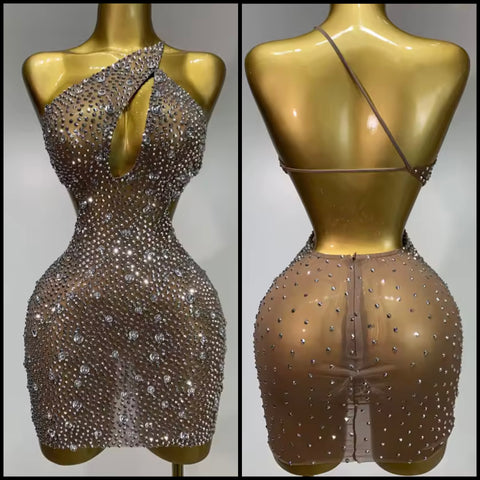 Women Sexy Mesh One Shoulder Sleeveless Rhinestone Dress