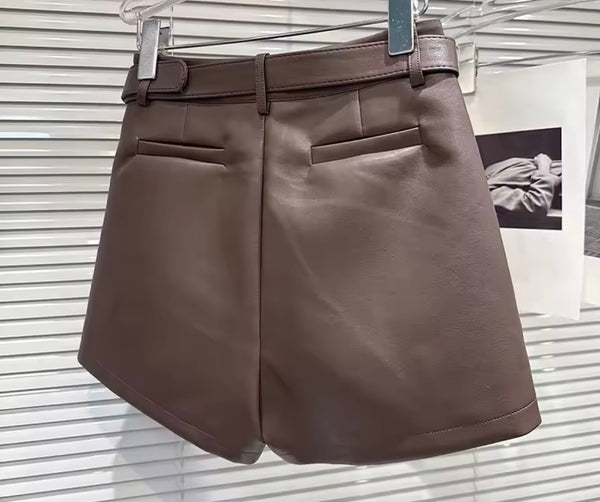 Women Fashion Belted Faux Leather Shorts