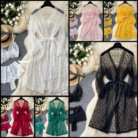 Women Sexy Lace Mesh Lingerie Robe Set