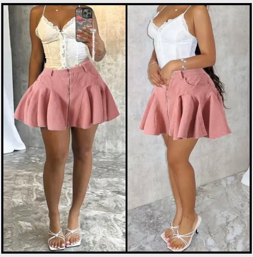 Women Sexy Pink Pleated Denim Skirt