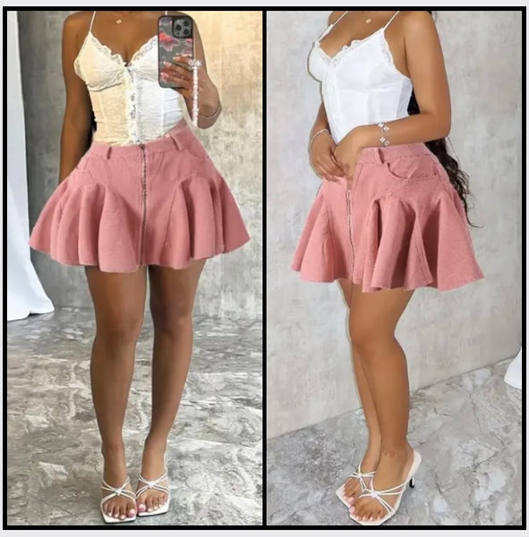 Women Sexy Pink Pleated Denim Skirt