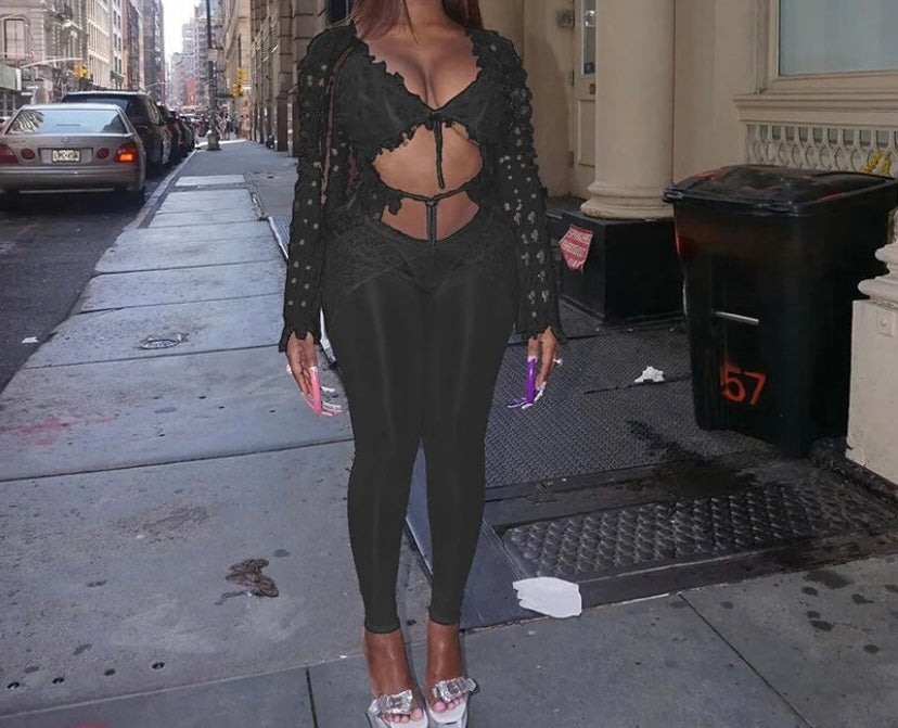 Women Sexy Fashion Solid Color Mesh Two Piece Pant Set