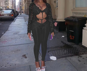 Women Sexy Fashion Solid Color Mesh Two Piece Pant Set