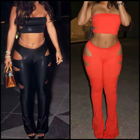 Women Sexy Strapless Cut Out Crop Two Piece Pant Set