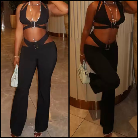 Women Black Halter Sleeveless Sexy Cut Out Two Piece Pant Set