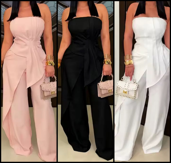Women Strapless Ruched Asymmetrical Two Piece Pant Set