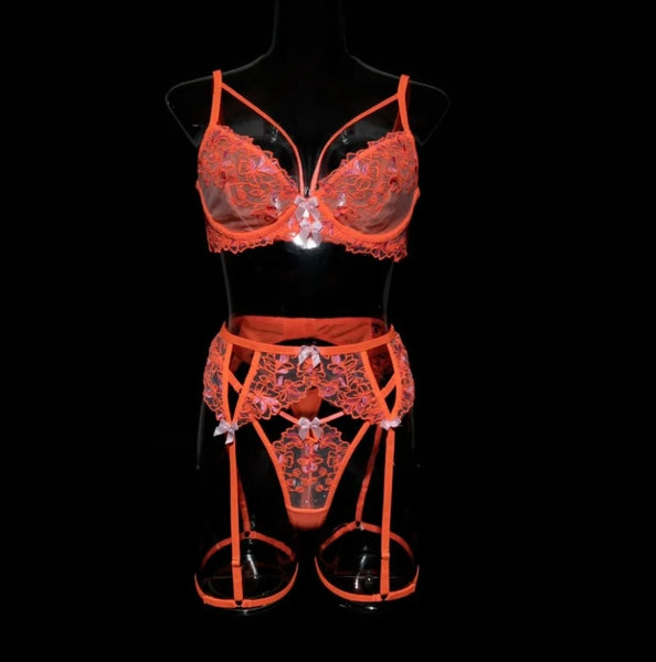 Women Sexy Orange Lace Lingerie Set