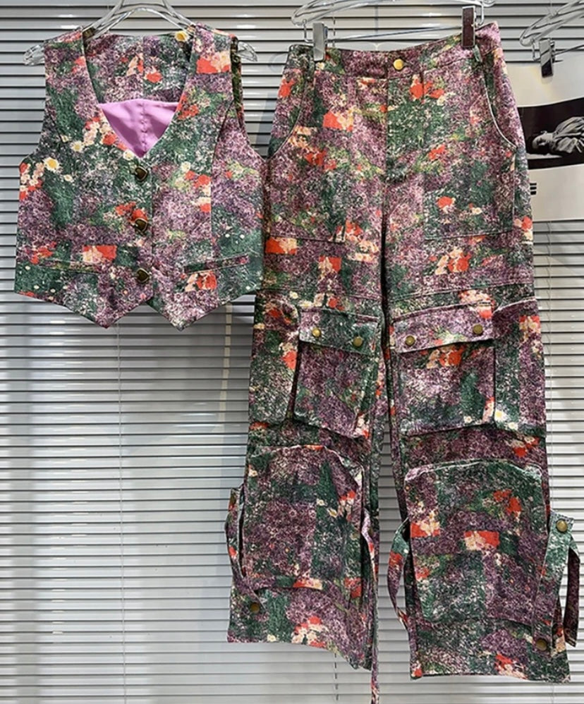 Women Purple Floral Fashion Button Up Vest Two Piece Denim Cargo Pant Set