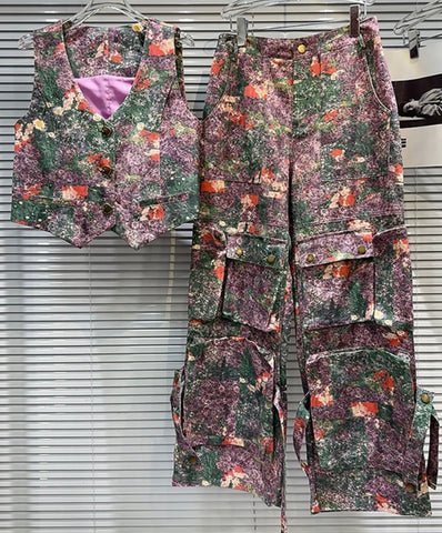 Women Purple Floral Fashion Button Up Vest Two Piece Denim Cargo Pant Set