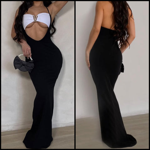 Women Sexy B&W Bling Halter Sleeveless Cut Out Maxi Dress