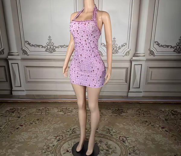 Women Sexy Halter Sleeveless Pink Crystal Rhinestone Dress