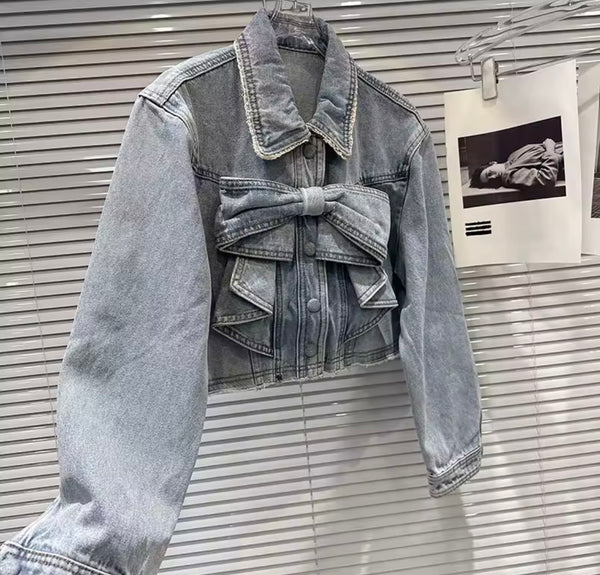 Women Fashion Blue Bow Denim Jacket Two Piece Pant Set