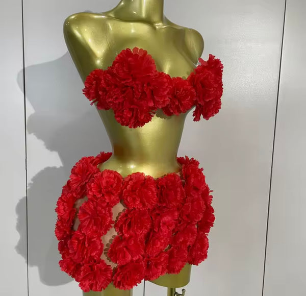 Women Sexy Red Sleeveless Floral Chain Open Back Two Piece Skirt Set