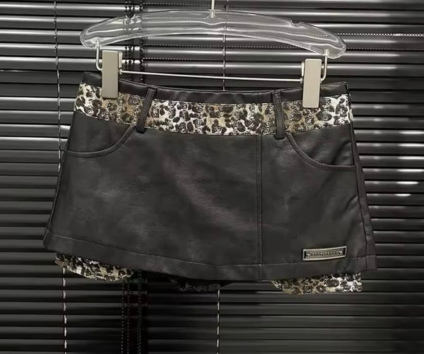 Women Sexy Strapless Leopard Patchwork Faux Leather Two Piece Skirt Set