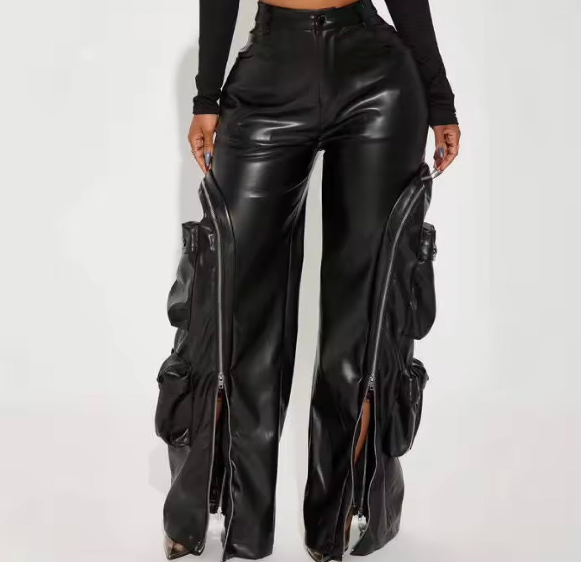Women Fashion Color Zipper Cargo Faux Leather Pants