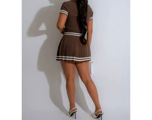 Women Sexy Solid Color Striped Short Sleeve Two Piece Pleated Skirt Set