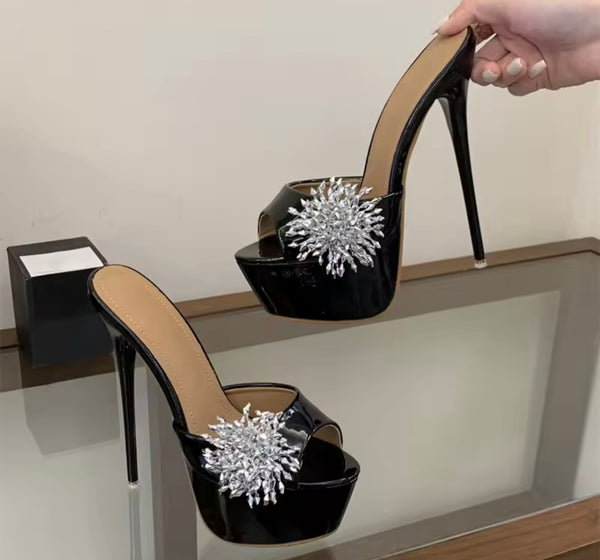 Women Open Toe Patent Leather Rhinestone Platform High Heels
