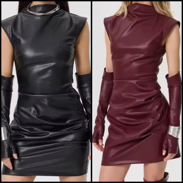 Women Sexy Sleeveless Glove Faux Leather Dress