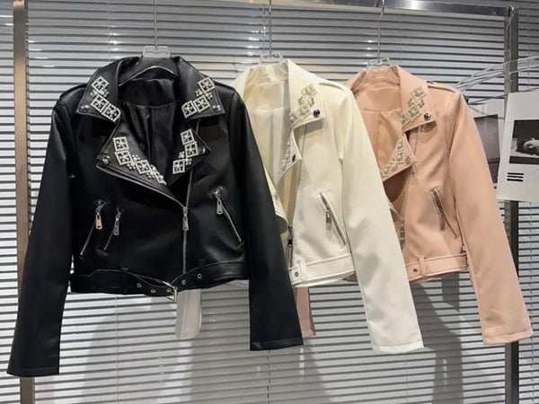 Women Bling Patchwork Fashion Faux Leather Jacket