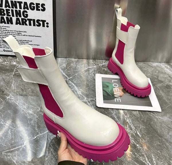 Women Fashion Color Patchwork Faux Leather Flat Ankle Boots