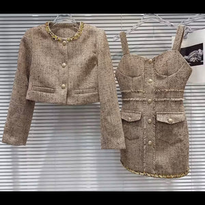 Women Sexy Sequins Button Up Blazer Sleeveless Dress Set