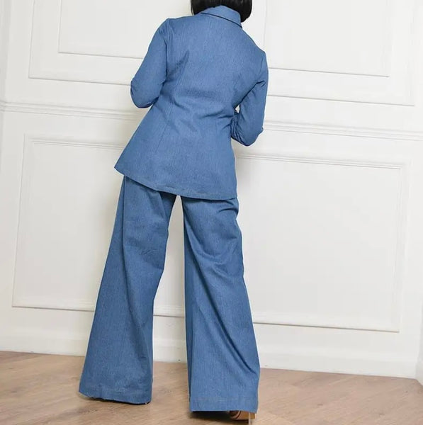 Women Fashion Button Up Full Sleeve Denim Two Piece Pant Set