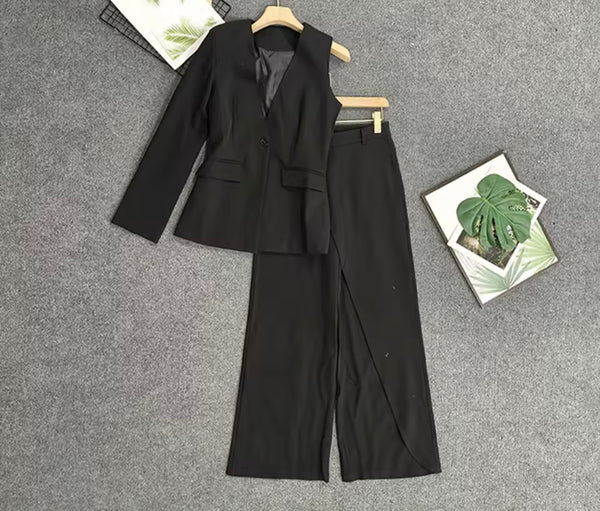 Women Black One Shoulder Blazer Fashion Two Piece Wrap Pant Set