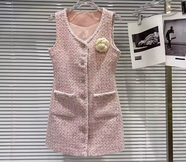 Women Button Up Sleeveless Floral Tweed Dress